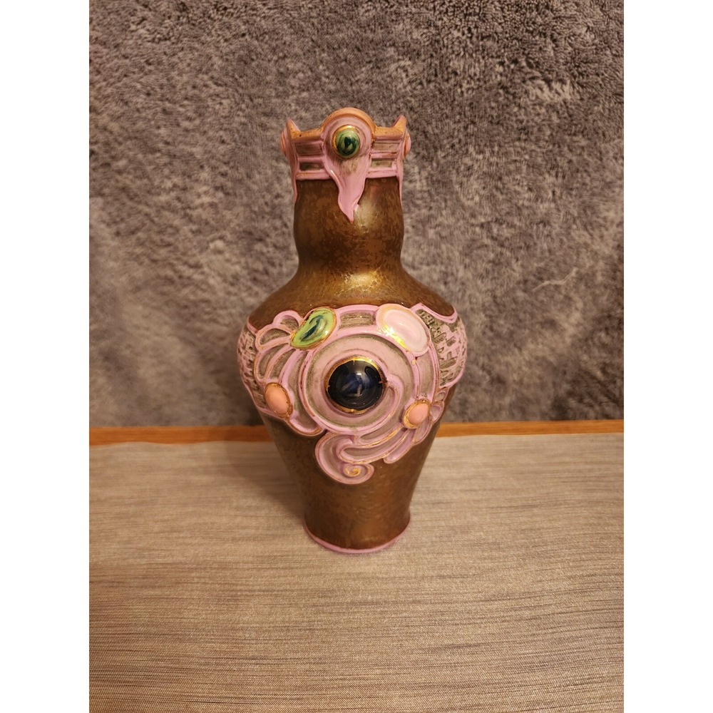 Schafer & Vater German Multi - Colored Jeweled Iridescent‎ Pottery Vase 7.25"